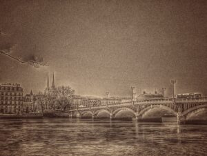 Una rama, como un rayo, se adentra en el cielo, en Blanco y Negro, camino del rio, adelantando el puente.